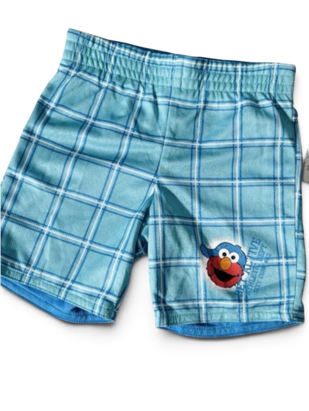 NWT Vintage Y2K Sears Sesame Street Elmo Patch Swim Trunks Plaid Blue Toddler 2T